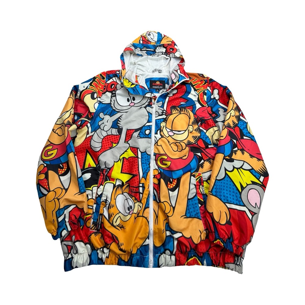 Members Only Windbreaker Mens XL Multi Garfield Comic Print‎ Hooded Full Zip Art